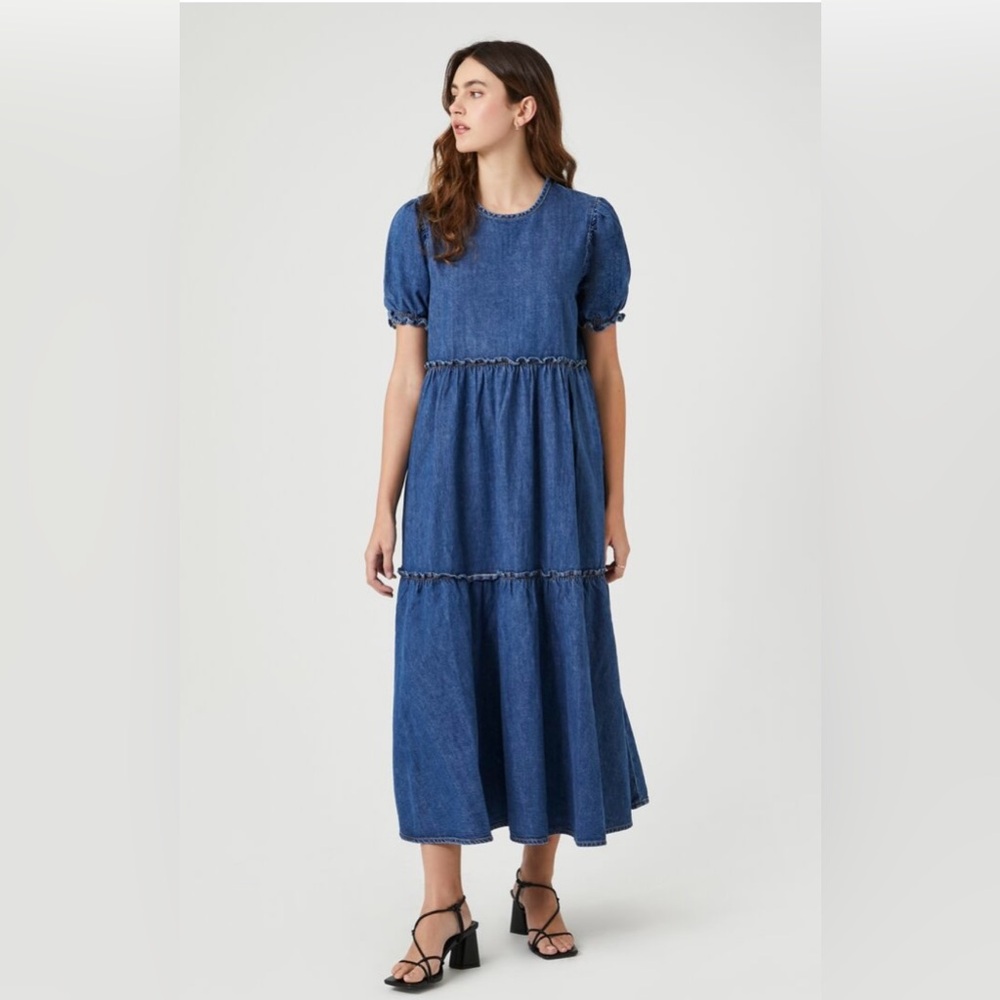 NWT 100% Cotton Forever21 Denim Ruffled Tiered Maxi Dress, S